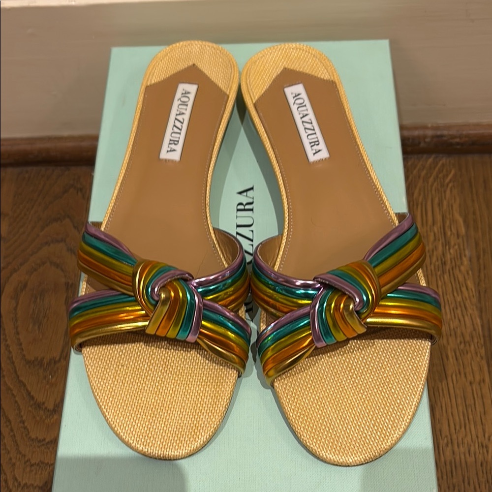 Aquazzura Gold and Green Sandals with Striped Bow